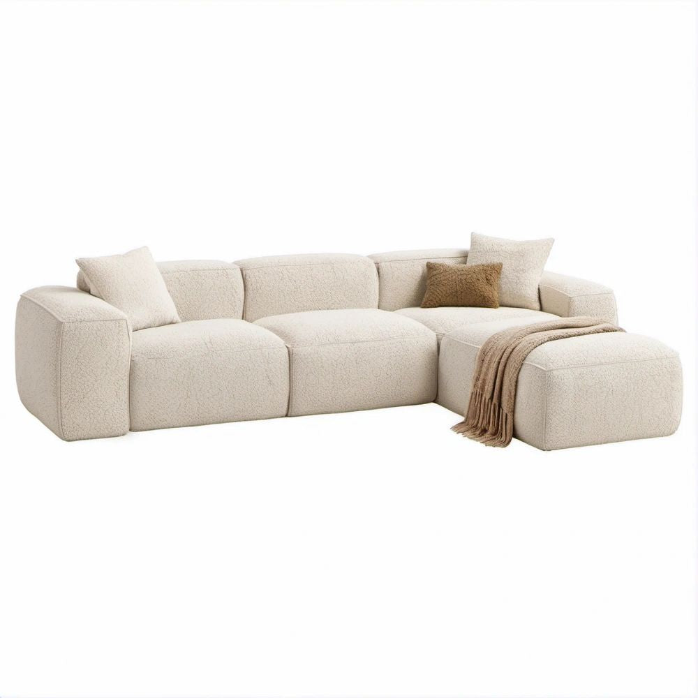 Sofá de canto modular com chaise longue à direita em bouclé creme, 280 x 170 x 85 cm