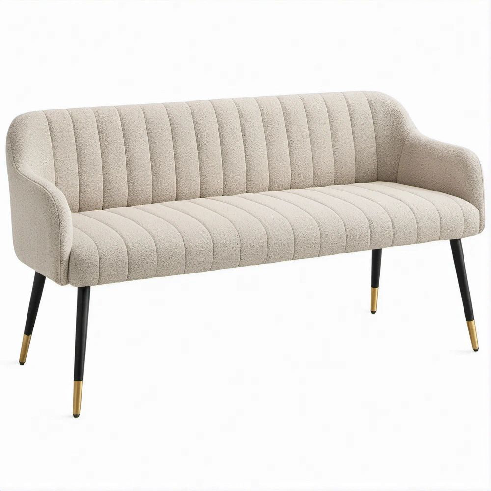 Sofá de 3 Lugares em Bouclé Bege com Pernas Pretas e Douradas, 180 x 75 x 83 cm