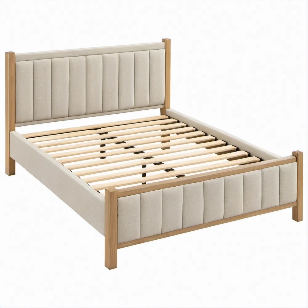 Cama de Casal em Madeira Maciça Natural e Bege com Cabeceira Estofada, 160 x 200 cm