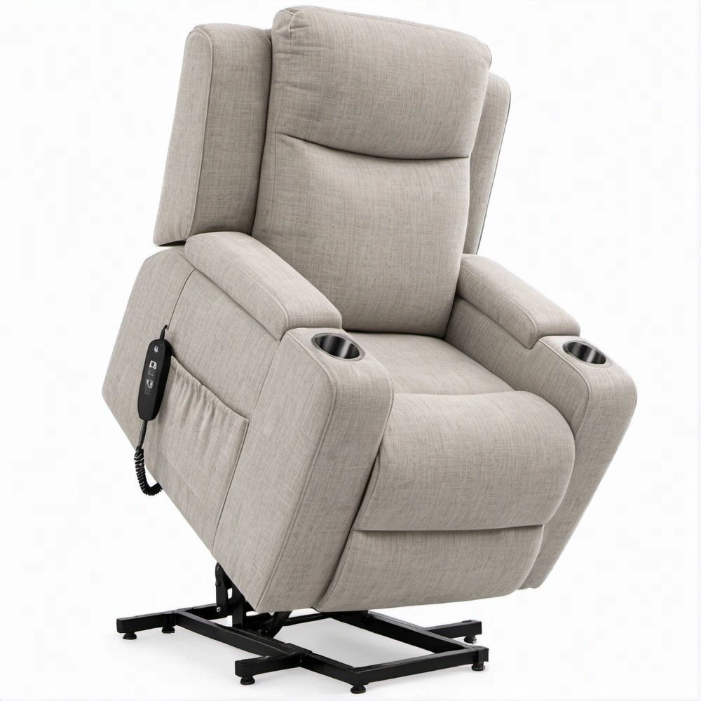 Poltrona Elevatória Elétrica Reclinável Bege com Porta-Copos, 92 x 96 x 105 cm