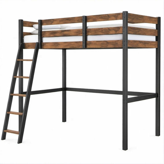 Cama Alta Individual em Aço e Pinho Maciço Preto e Castanho 198 x 104 x 183 cm para Colchão 90 x 190 cm