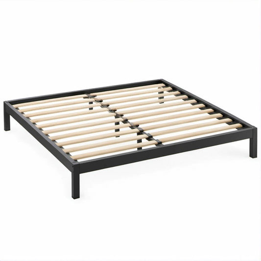 Estrutura de Cama de Casal em Aço Carbono Preto com Ripas, 140 x 190 cm