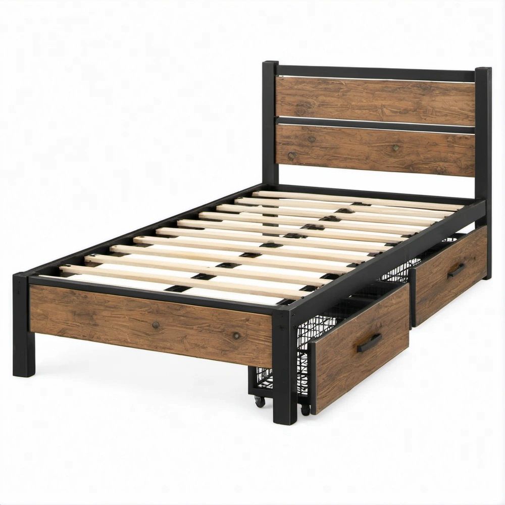 Cama Individual Industrial Preta e Castanha com 2 Gavetas, 90 x 190 cm