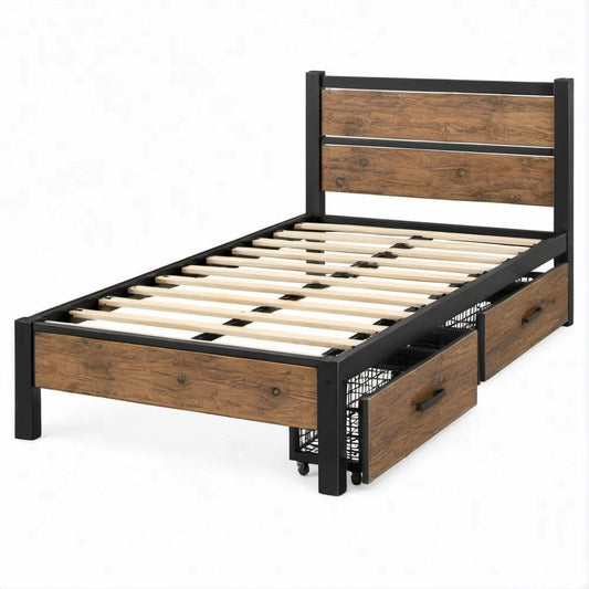 Cama Individual Industrial Preta e Castanha com 2 Gavetas, 90 x 190 cm