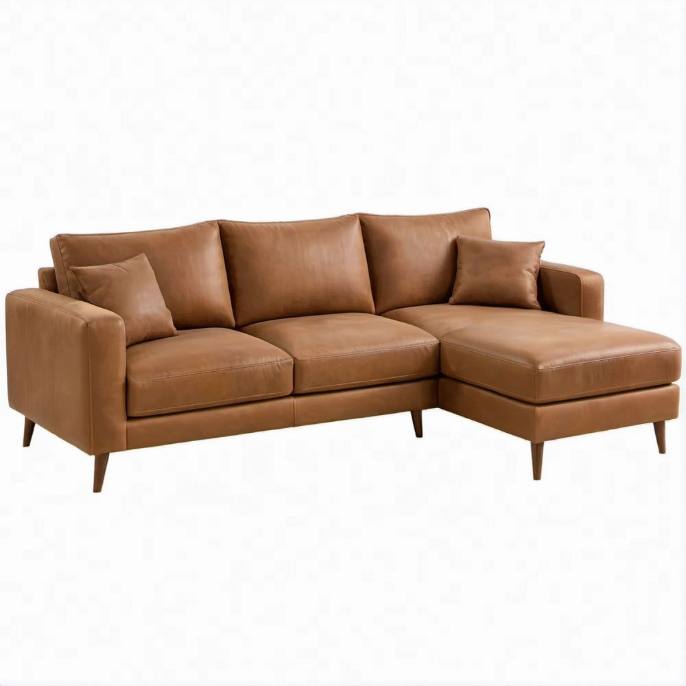 Sofá de Canto de 3 Lugares com Chaise Longue à Direita em Pele Sintética PU Castanho Caramelo, 240 x 160 x 85 cm