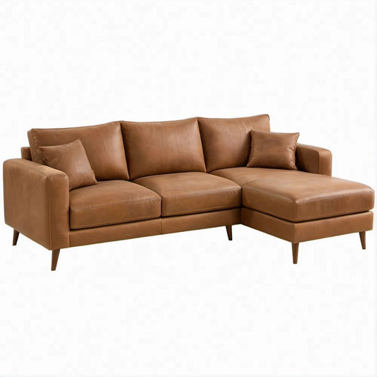 Sofá de Canto de 3 Lugares com Chaise Longue à Direita em Pele Sintética PU Castanho Caramelo, 240 x 160 x 85 cm