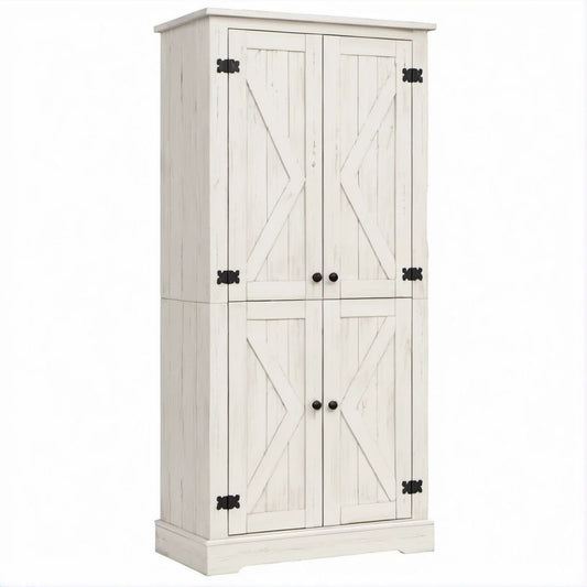 Armário em Pinho Maciço Branco Envelhecido com 4 Portas, 90 x 45 x 180 cm