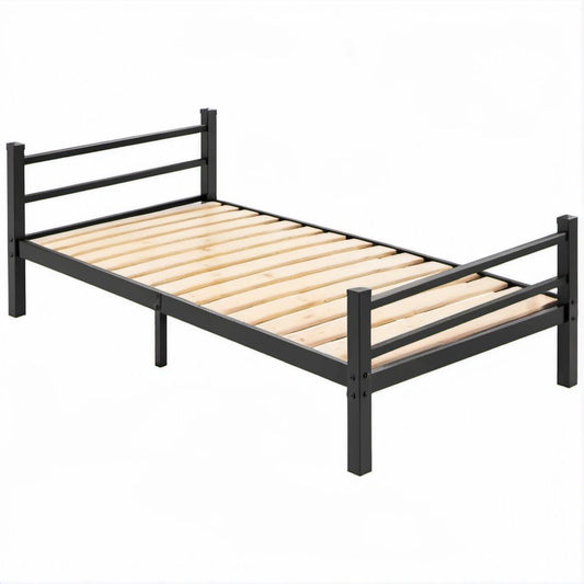 Cama Individual em Aço Preto com Ripas de Pinheiro para Colchão 90 x 190 cm