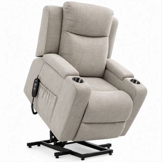 Poltrona Elevatória Elétrica Reclinável Bege com Porta-Copos, 92 x 96 x 105 cm