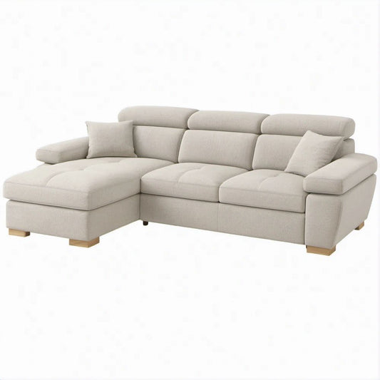 Sofá de Canto com Chaise Longue à Esquerda Bege em Poliéster 280 x 160 x 88 cm
