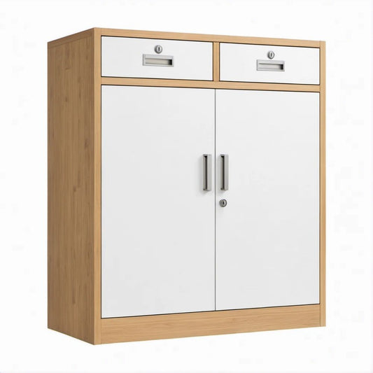 Armário de Arrumação Branco e Carvalho Natural 90 x 40 x 120 cm com 2 Portas e 2 Gavetas com Fechadura