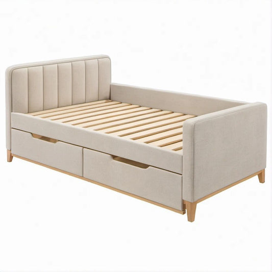 Cama Estofada Bege e Castanho-claro para Colchão 90 x 200 cm com 2 Gavetas