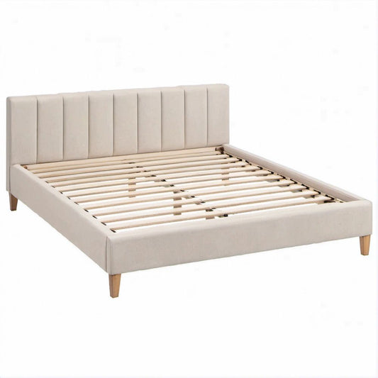 Cama de Casal Estofada Bege com Pés em Castanho Natural, para Colchão 160 x 200 cm