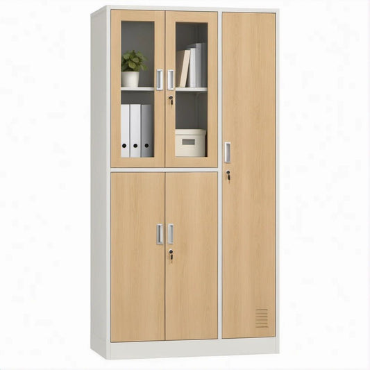 Armário alto em aço Branco e Carvalho com portas de vidro, fechaduras e 90 x 40 x 180 cm
