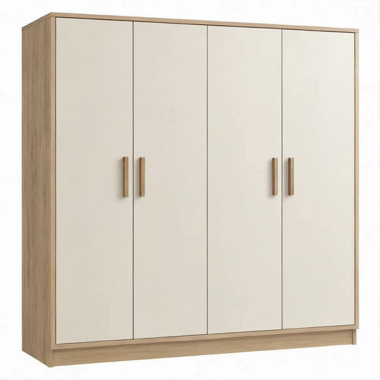 Roupeiro de 4 Portas Branco e Carvalho em MDP, 180 x 52 x 200 cm