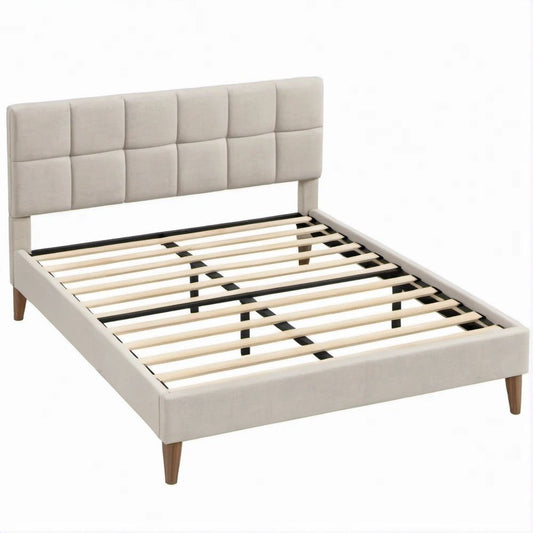 Cama de Casal Estofada Bege com Pés Castanhos e Estrado de Ripas 160 x 200 cm