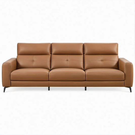 Sofá Reto de 3 Lugares em Couro Sintético PU Castanho Caramelo, 220 x 90 x 88 cm