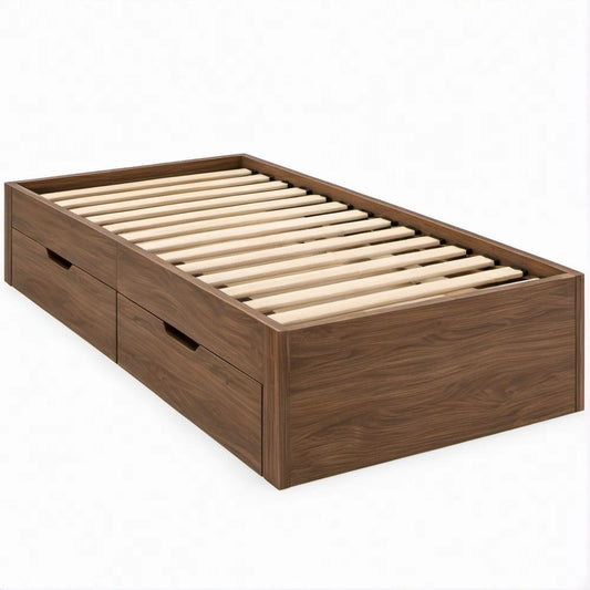 Cama Individual com 2 Gavetas em MDF Nogueira para Colchão 90 x 190 cm, 196 x 96 x 40 cm